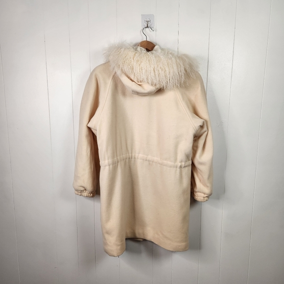 Vintage Cream White Wool Coat Jacket Fuzzy Collar Pockets Hood Lined 1990s 90s - Picture 5 of 13